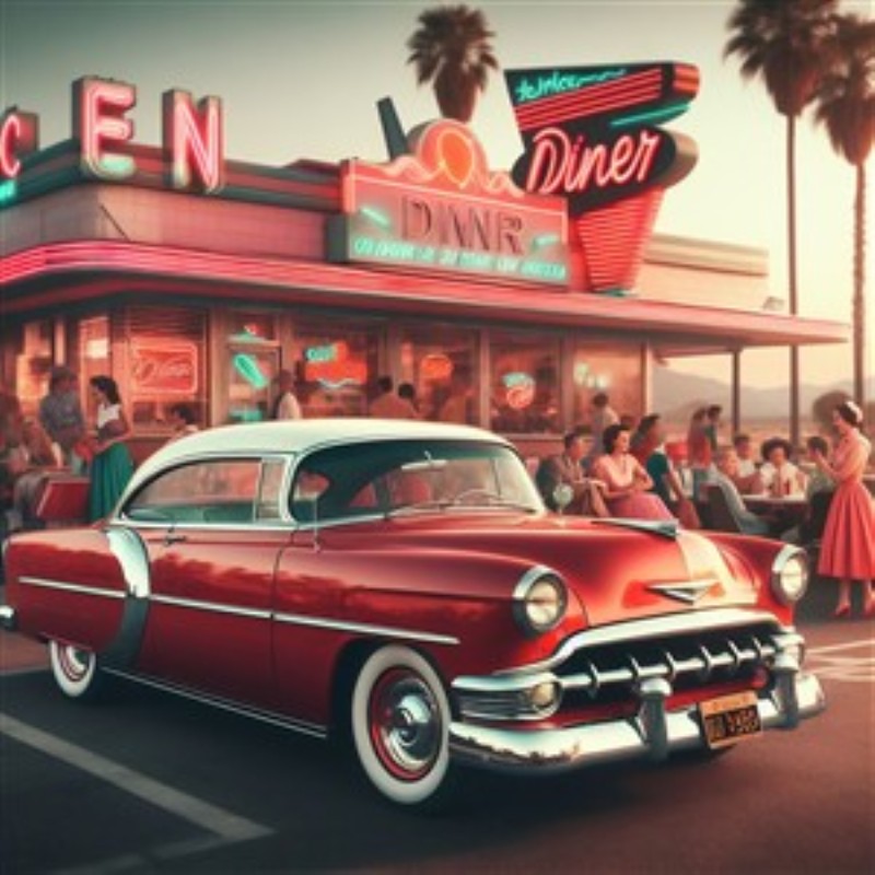 Vintage Diner med Klassisk Bil - Træd ind i en nostalgisk verden med denne livlige illustration af en vintage diner fyldt med liv og fest. Det klassiske røde køretøj og den retro stemning skaber en uforglemmelig atmosfære i ethvert rum.