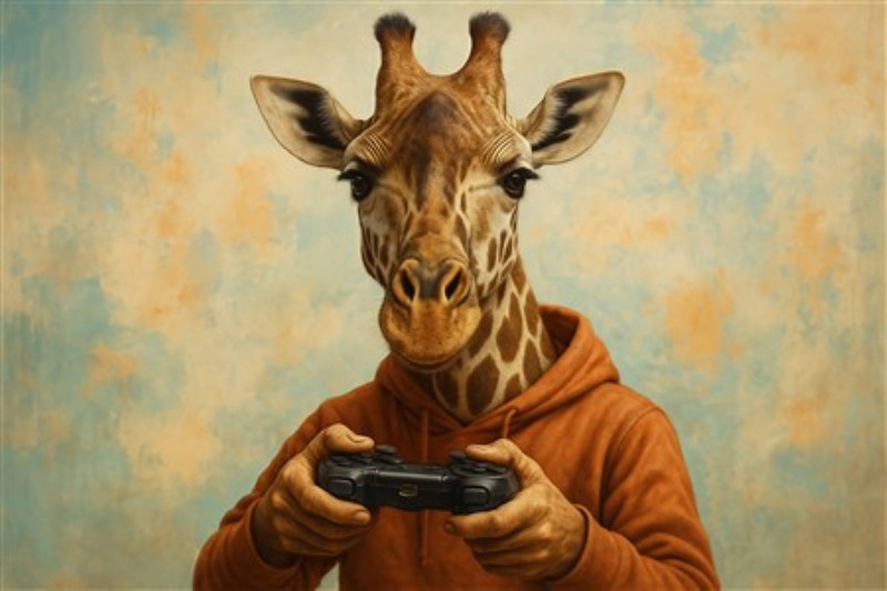Giraffe Gamer i Hoodie - Oplev en unik kombination af dyreliv og gaming med dette livlige maleri af en giraf iført hoodie, der spiller videospil. Dette kunstværk tilføjer en sjov og legende atmosfære til ethvert rum.