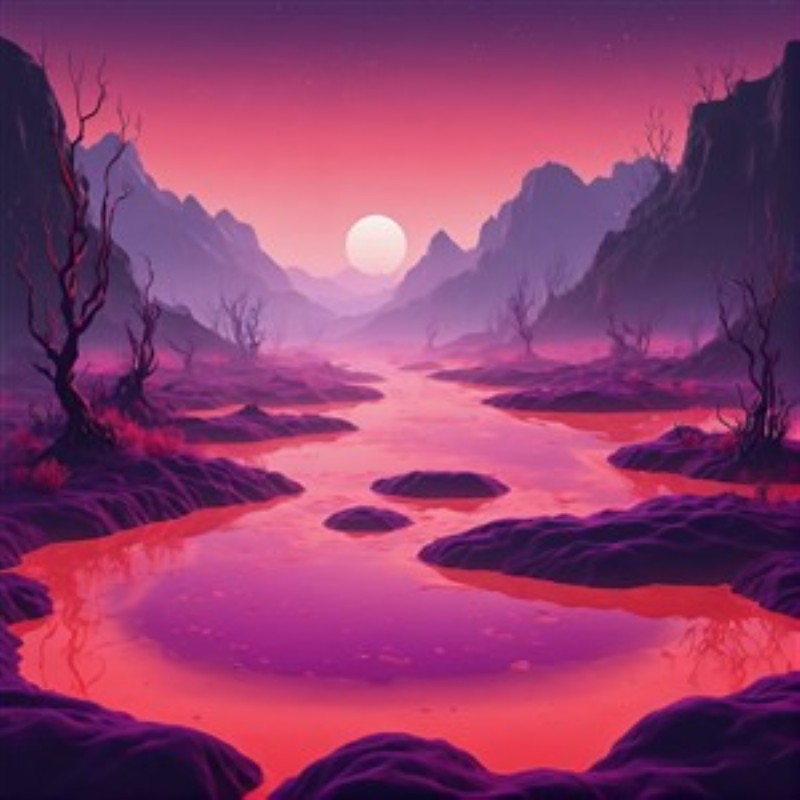 Surrealistisk solnedgang i drømmeland - Oplev et fortryllende landskab med en pink flod, der snor sig gennem majestætiske bjerge og en strålende sol, der kaster sit varme lys. Dette motiv indbyder til refleksion og drømme, og vil føje en magisk atmosfære til dit rum.
