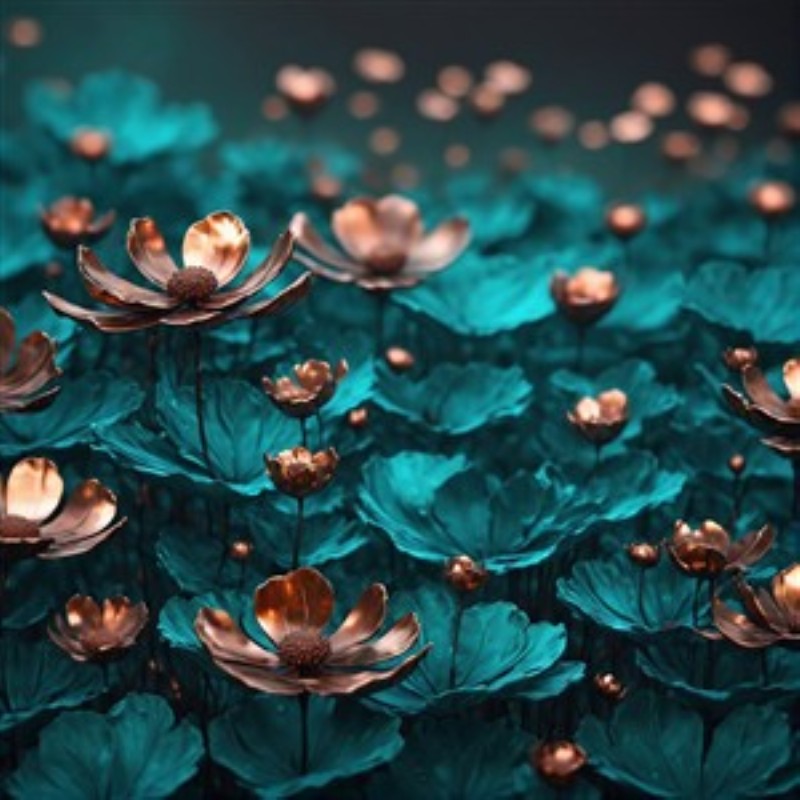 Sølvblomster på Teal Drøm - Oplev skønheden i dette fantastiske kunstværk, hvor blomster med kobberfarvede kronblade stråler på en fortryllende teal baggrund. Forkæl dit hjem med denne visuelle fest, der tilføjer elegance og liv til ethvert rum.