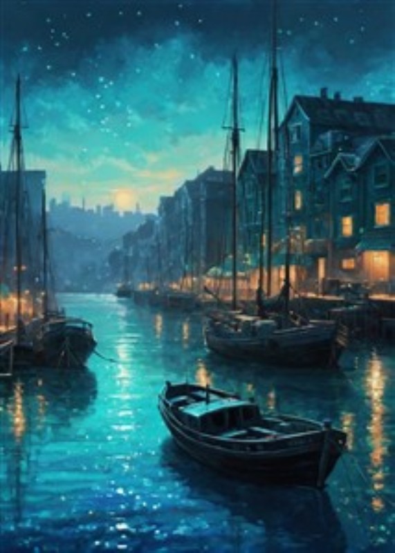 Stjerner over Havnefronten - Oplev den magiske stemning af en nattehavn med glitrende vand og bådes blide bevægelser. Denne plakat indfanger skønheden ved natten, hvor stjernerne spejler sig i havet og skaber en drømmende atmosfære.