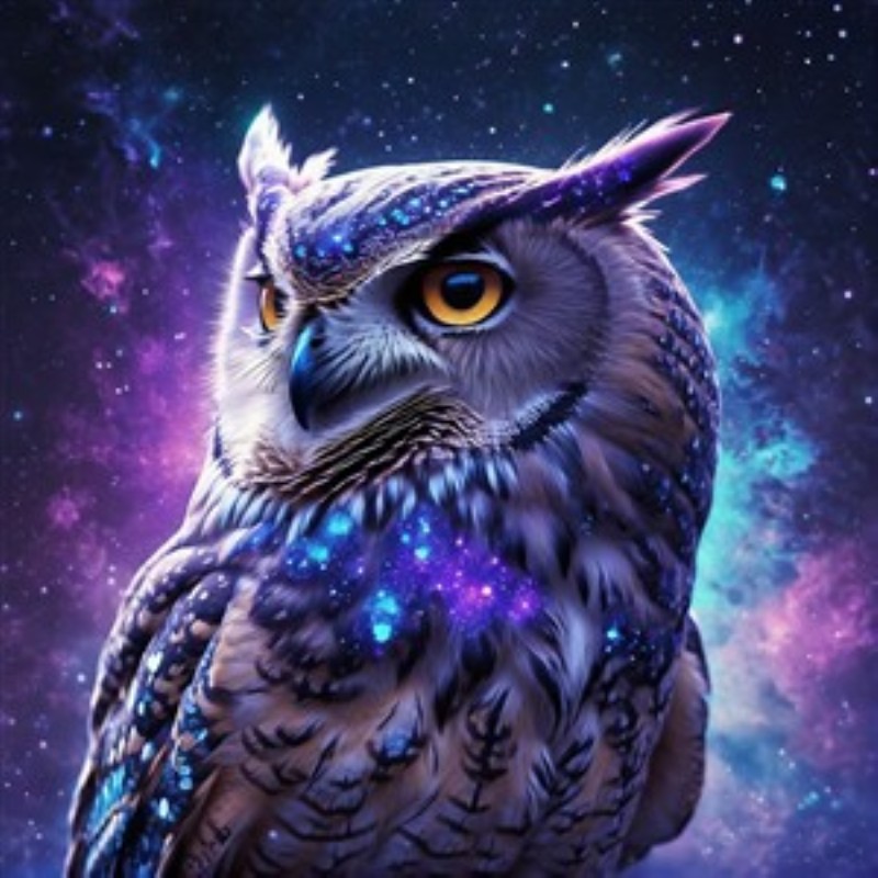 Fantastisk Galaktisk Ugle - Oplev skønheden i nattehimlen med denne farverige og storslåede illustration af en ugle. Den galaktiske baggrund tilføjer et magisk touch til dit hjem, ideel til enhver, der elsker natur og stjerner.