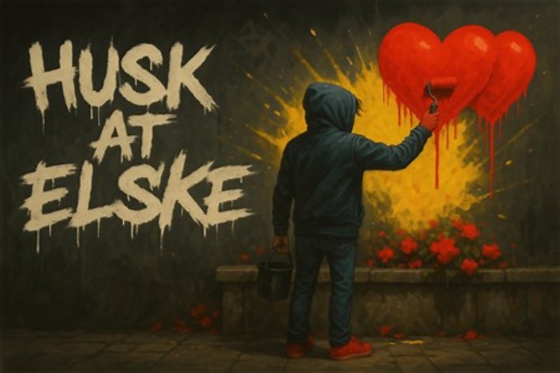 Kærligheden på Væggen - Graffiti Kunst - Oplev den betagende fusion af kunst og budskab med dette maleri, hvor en person skaber røde hjerter på en væg. 'Kærligheden på Væggen' minder os alle om at sprede kærlighed og positivitet i vores hverdag.