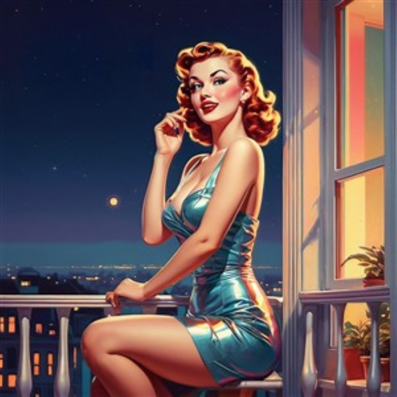Glamourøs Nat i Byens Lys - Oplev den fortryllende atmosfære med en stiliseret skønhed iført en glitrende kjole, der nyder natten fra sin balkon. Denne plakat fanger den elegante vibe af retro glamour og byliv under stjernerne.