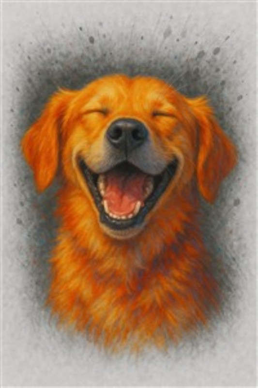 Glædelig hund med smilende ansigt - Bring glæde ind i dit hjem med dette portræt af en elskelig, smilende hund. Den gyldne pels og den glade udstråling skaber en varm og indbydende atmosfære, perfekt til enhver hundeelsker.