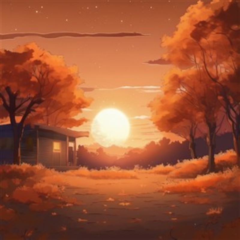 Fortryllende Solnedgang i Efterårslandskab - Oplev den magiske skønhed af en solnedgang, der kaster gyldne toner over en hyggelig hytte i et hav af varme, orange træer. Dette maleriske landskab skaber en beroligende atmosfære, perfekt til at bringe naturens charme ind i dit hjem.
