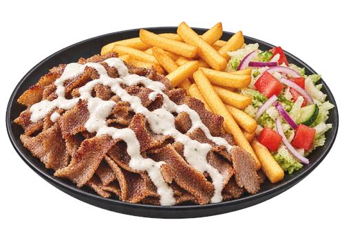 Kebabtallerken med pommes frites og salat