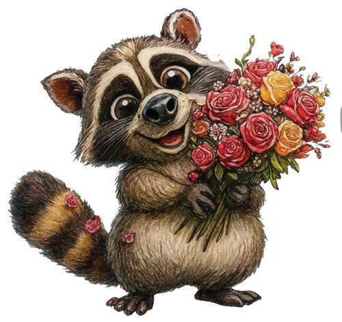 Glad vaskebjørn med blomster