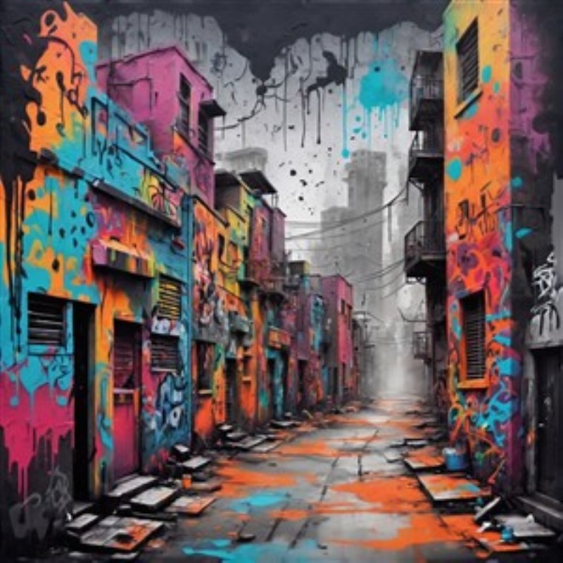 Vibrerende Graffiti i Urban Atmosfære - Oplev et kalejdoskop af farver i en urban gade, hvor graffiti sprudler med kreativitet og liv. Det dristige samspil mellem lysende nuancer og et gråt bylandskab skaber en dynamisk og inspirerende stemning.