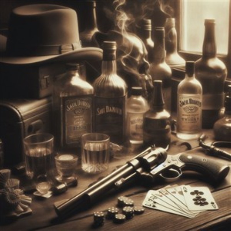 Det Vilde Vesten: Whisky og Spil i Ny Belysning - Oplev den rå charme fra det vilde vesten med denne stemningsfulde plakat. Detaljer som revolveren og whiskyflaskerne skaber en uimodståelig atmosfære, der vækker minder om spil og spænding i en tid tilbage i grænselandet.