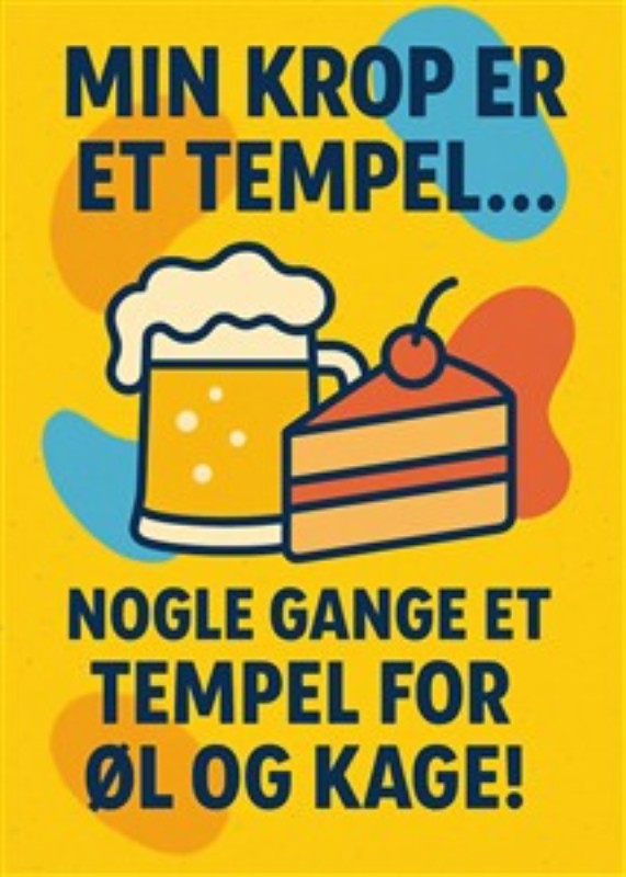 Kroppen: Et Tempel for Livets Nydelser - Oplev den farverige illustration, der fejrer kroppen som et tempel for livets fornøjelser! Perfekt til dem, der elsker at dele deres passion for øl og kage med et glimt i øjet.