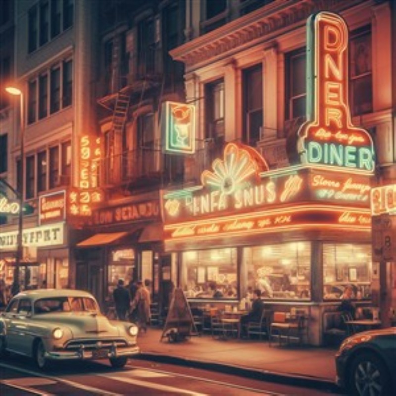 Nostalgisk Diner i Nattens Lys - Oplev den magiske atmosfære af en vintage diner om natten, oplyst af farverige neonskilt og omgivet af klassiske biler. Dette billede bringer minder frem om hyggelige stunder og festlige middage i gode venners selskab.