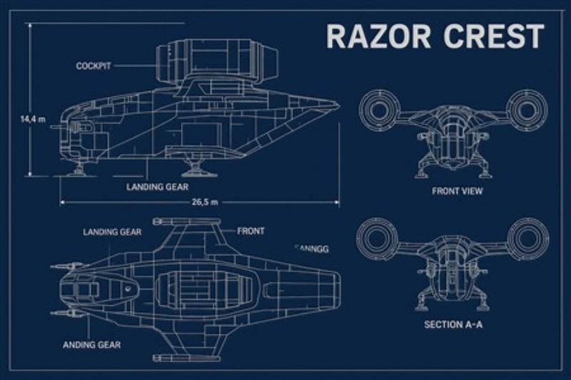 Razor Crest: Det Ultimative Rumskib - Oplev den tekniske skønhed af Razor Crest med denne detaljerede skibstegning. Perfekt til både rumfanatikere og designelskere, bringer denne illustration et strejf af intergalaktisk stil ind i dit hjem.
