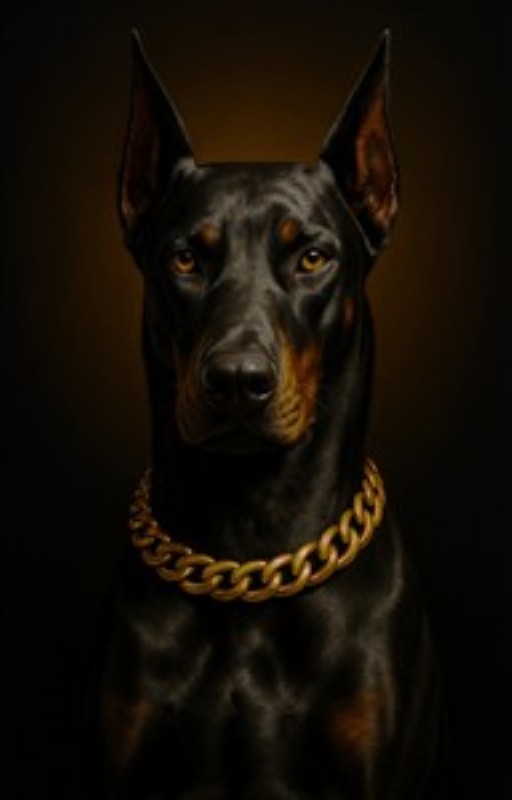 Dramatisk Dobermann med Guld Halskæde - Oplev majestæten i denne stilfulde Dobermann prydet med en glitrende guld halskæde. Det dramatiske lys sætter perfekt fokus på hundens storslåede udtryk, hvilket tilfører dit hjem en unik og elegant stemning.