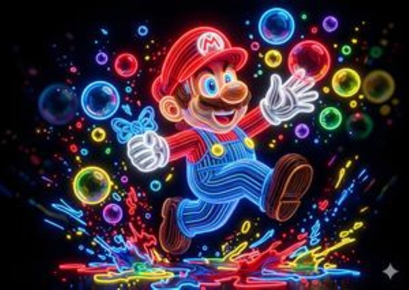Mario i Neon: Farver og Leg - Oplev den livlige energi fra Mario, der springer rundt i en verden fuld af farverige bobler og sprøjt af maling. Dette neonlysende kunstværk bringer glæde og liv til ethvert rum, perfekt til både børn og voksne, der ønsker en sjov atmosfære.