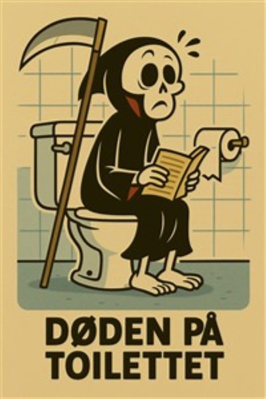 Døden Fanger i Toiletpausen - Oplev den sjove side af det livsnødvendige med denne illustration af Døden, der slapper af på toilettet med en god bog. En unik tilføjelse til dit hjem, der giver et smil på læben og giver liv til ethvert rum.