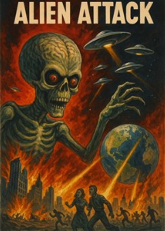 Overvældende Alien Invasion - Oplev en skræmmende skildring af en alien med et skeletlignende hoved, der truer menneskeheden fra sin UFO i en brændende verden. Denne dramatisk illustration bringer et unikt sci-fi horror element til dit rum.