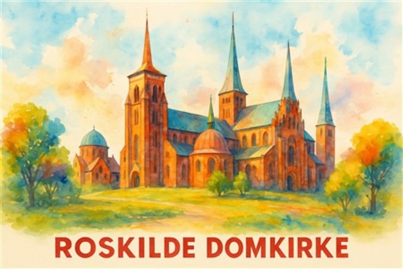 Roskilde Domkirke i Smykker af Farve og Lys - Oplev den betagende skønhed af Roskilde Domkirke i en levende vandfarvetilstand. Denne illustration indfanger bygningens majestætiske tårne og de omgivende landskaber, hvilket bringer en beroligende atmosfære ind i dit hjem.