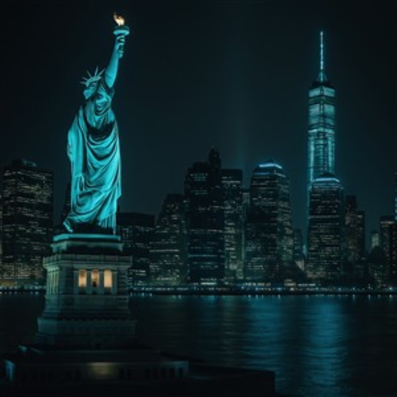 Frihedsgudinden i Nattens Glans - Oplev den majestætiske Frihedsgudinde oplyst af natten, med New Yorks skyline som baggrund. Dette billede indfanger byens magi og mystik, ideelt til at skabe en stemningsfuld atmosfære i dit hjem.