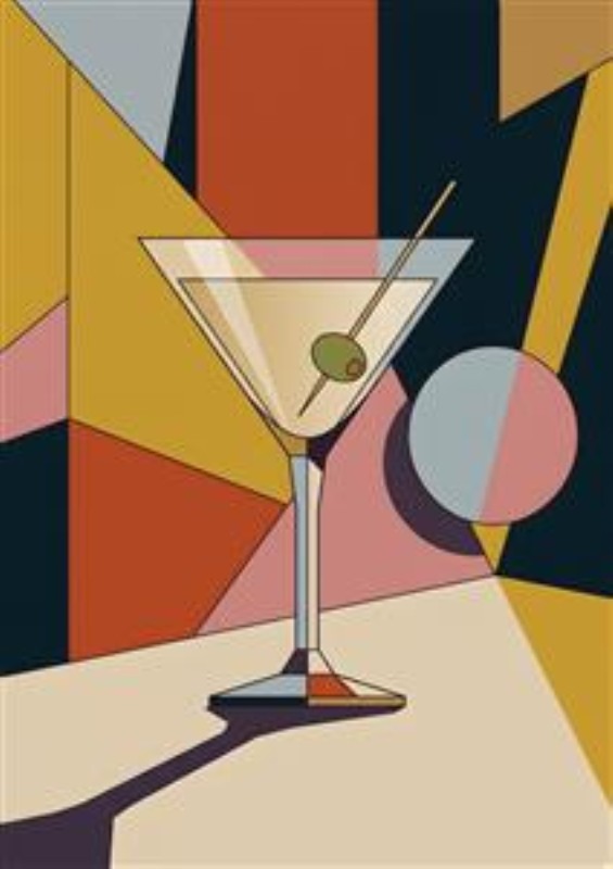Farverig Martini med Oliven - Oplev den livlige elegance i dette kunstværk, der skildrer et martini-glas med en grøn oliven. Den dynamiske baggrund af geometriske former i stærke farver giver værket en moderne og festlig stemning, perfekt til ethvert rum.