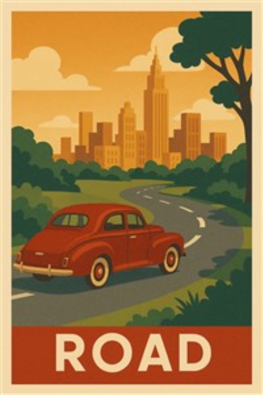 Klassisk vej til eventyret - Oplev nostalgi med denne charmerende plakat, der viser en rød bil, der drejer ind mod en by, omgivet af frodig natur. Perfekt til at skabe en indbydende og rejse-inspireret atmosfære i dit hjem.
