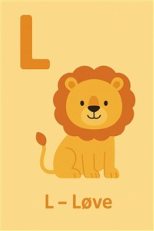 Farverig Løve - Barnets ABC - Giv dit børneværelse liv med denne farverige illustration af en venlig løve. Med bogstavet L og teksten 'L - Løve' er dette billede både sjovt og lærerigt for de små. Perfekt til at inspirere nysgerrighed og læring!